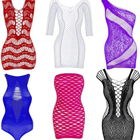 6 Pieces Women Mesh Lingerie Fishnet Babydoll Mini Dress Mesh Bodysuit Sleepwear (Black, Rose Red, Purple, Red, Dark Blue, White)