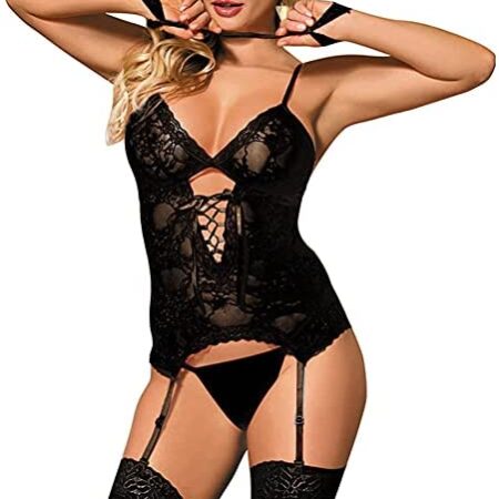 VicSec Sexy Bodysuit Set with Suspenders Stockings and Wristband Women Lace Lingerie Teddy Set Garter Belt Cosplay Costume