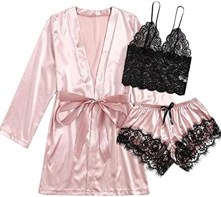 3Pcs Women's Sleepwear Satin Silk Floral Lace Trim Cami Pajama Set with Robe