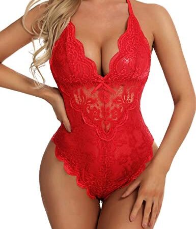 Aranmei Sexy Snap Crotch Bodysuit for Women Naughty One Piece Lace Babydoll Lingerie Teddy
