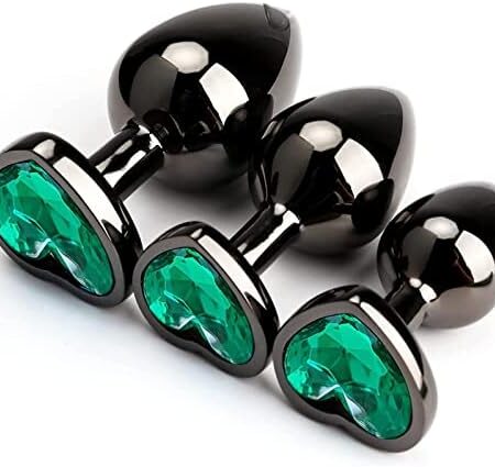 3Pcs Set Luxury Metal Butt Toys Heart Shaped Anal Trainer Jewel Butt Plug Kit S&M Adult Gay Solo Sexxy Anus Anal Plugs Woman Men Sex Gifts Things for Beginners Couples Large/Medium/Small (Green)