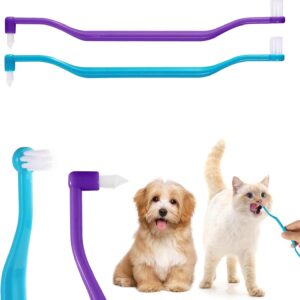 2pcs Cat Toothbrushes, Dual Sided Cat Teeth Cleaning Brush with Micro Brush Head & Curved Handle Deep Cleaning Toothbrush for Kitten Small Dog Puppy Cat Pet Dental Care Supplies (Blue Purple)