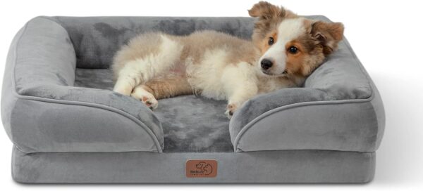 Bedsure Medium Dog Sofa Bed - Washable Orthopedic Dog Beds and Couch with Removable Flannel Zipper Cover, Puppy Beds for Small Dogs, Grey, 71x58x16cm, Seat Size: 48x47cm