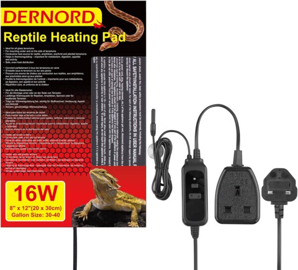 DERNORD Heat Mat with Thermostat - 16W Reptile Heat Pad with Thermostat Control Combo Set for Snake Bearded Dragon Lizard Crested Gecko Vivarium Heater