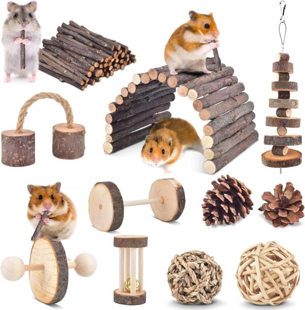 ERKOON Hamster Chew Toys, Small Animal Boredom Breaker Guinea Pig Activity Toy Natural Wooden Accessories Gerbil Rat Chinchilla Dumbbells Play Bridge Roller Teeth Molar Exercise