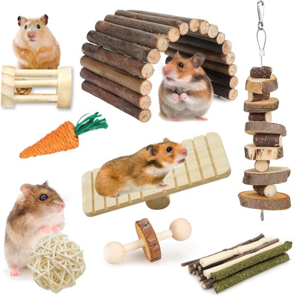 Flow fire 10 Pcs Rabbit Hamster Chew Toys, Rabbit Hamster Boredom Breaker, Wooden Natural Bunny Hamster Toys Syrian for Small Pet Hamster Rabbits, Gerbils, Guinea Pig