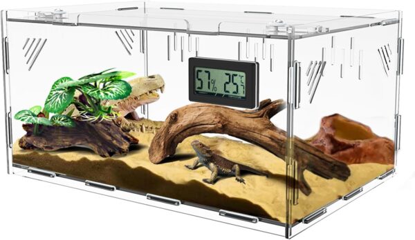 Giznzg Reptile Tank, Reptile Terrariums, Insect Feeding Box, 360° Acrylic Terrarium with Digital Thermometer Hygrometer, Reptile Breeding Box for Spider/Snail/Frog/Lizard/Turtle (30 * 20 * 15cm)