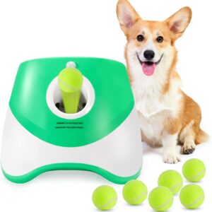 Grezea Automatic Dog Ball Launcher, Puppy Ball Thrower Machine for Dogs with 10-30 Ft Launch Distance, Interactive Dog Toys for Small Dogs Indoor & Outdoor, 6 2-Inch Balls Included