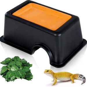 Hamiledyi Reptile Hide Box Gecko Hideout Cave with Sink Humidifier Lizards Hideaway Hut Flexible Leaves Pet Habitat Decor for Snakes Leopard Spiders Turtles Amphibians