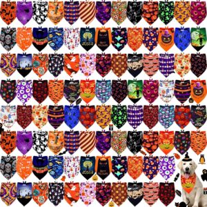 Newwiee 100 Pcs Halloween Dog Bandanas Adjustable Triangle Bibs Scarf Halloween Pumpkin Bat Skull Ghost Spider Pet Scarf Holiday Halloween Scarf Accessories for Dog Puppy Cat (X-Large)