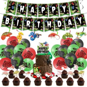 Reptile Birthday Party Decorations Supplies Includes Reptile Swamp Happy Birthday Banner, Hanging Swirls, Cake Topper, Cupcake Toppers and Balloons for Snake Lizard Swamp Animal Theme Party