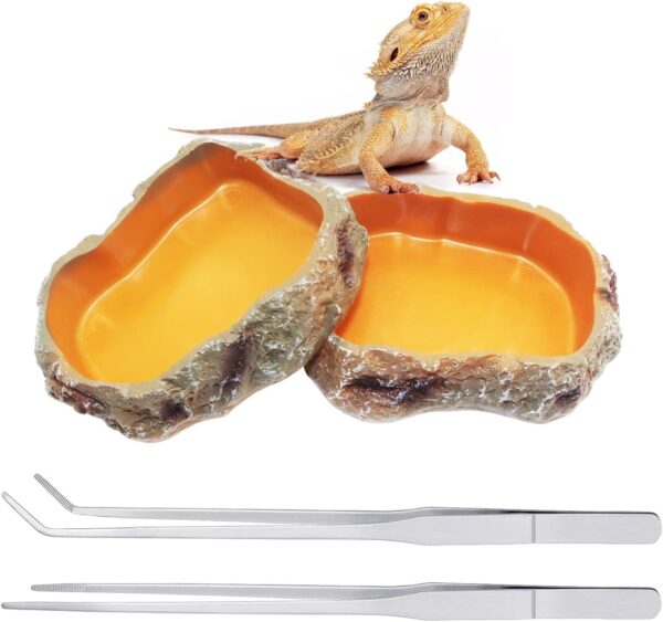 Reptile Growth 4 Pieces Reptile Water Dish Food Bowl Set Includes 2 Food Feeder Bowl Resin Reptile Bowl Water Bowl 2 Feeding Tweezer Tong for Pet Tortoise Lizard Frog Gecko Snake Chameleon