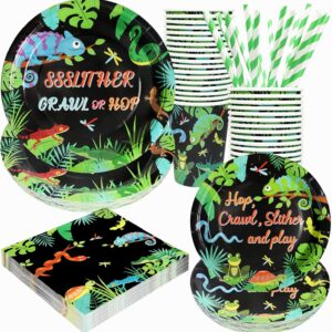 Reptile Party Supplies Decorations, Jungle Lizard and Snake Theme Birthday Paper Plates and Napkins Set with Cups and Straws for 24 Guests, 120 Pcs Disposable Party Dessert Dinnerwares