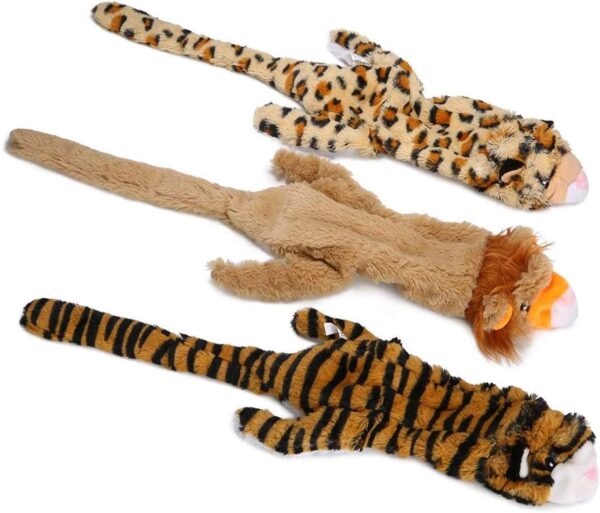 Stuffing Free Dog Toys, No Stuffing Dog Chew Toys Set with Lion Tiger and Leopard Squeaky Plush Dog Toys for Small Medium Large Dogs - 3 Packs