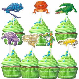 WERNNSAI Reptile Cupcake Toppers - 35 PCS Reptile Party Cake Toppers for Kids Boys Green Jungle Themed Party Birthday Party Safari Cupcake Decorations Baby Shower Wild Party Cupcake Supplies