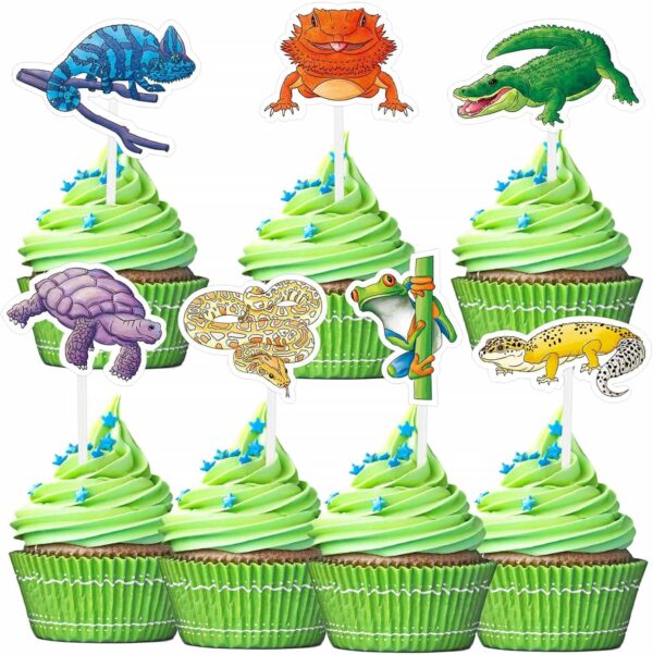 WERNNSAI Reptile Cupcake Toppers - 35 PCS Reptile Party Cake Toppers for Kids Boys Green Jungle Themed Party Birthday Party Safari Cupcake Decorations Baby Shower Wild Party Cupcake Supplies