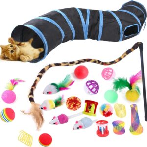 Cat Toys Set With Tunnel 22 Pack Kitten Toys -Cat Interactive Toys Set for Indoor Cats Feathers Wand tent Interactive Kitty and Cats Toys