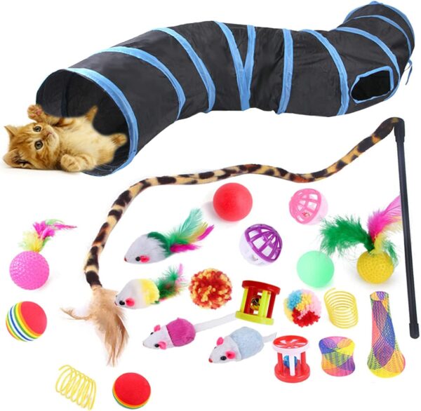 Cat Toys Set With Tunnel 22 Pack Kitten Toys -Cat Interactive Toys Set for Indoor Cats Feathers Wand tent Interactive Kitty and Cats Toys