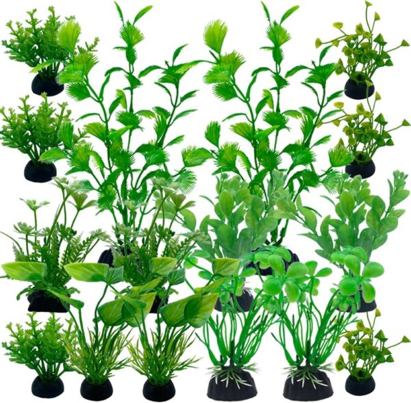 LANCARE Aquarium Fish Tank Plastic Plants, 16 Pcs Artificial Plants for aquarium, Fish Tank Decor, Artificial Aquatic Plants Decorations Green