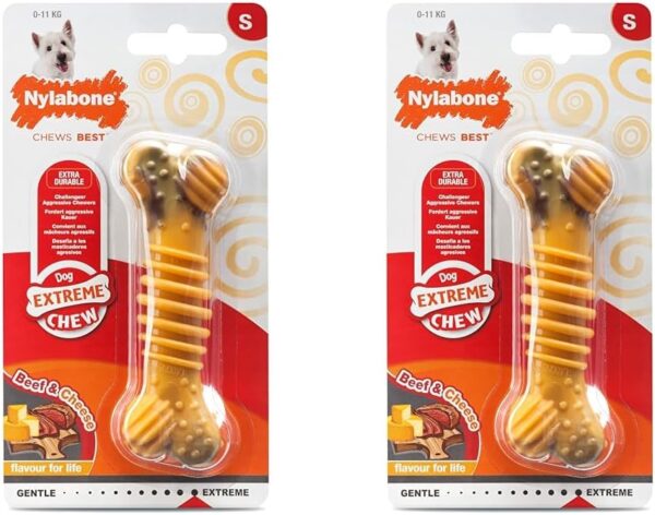 Nylabone Extreme Tough Dog Chew Toy Bone, Durable, Cleans Teeth, Beef & Cheese, Small, for Dogs Up to 11 kg (Pack of 2)