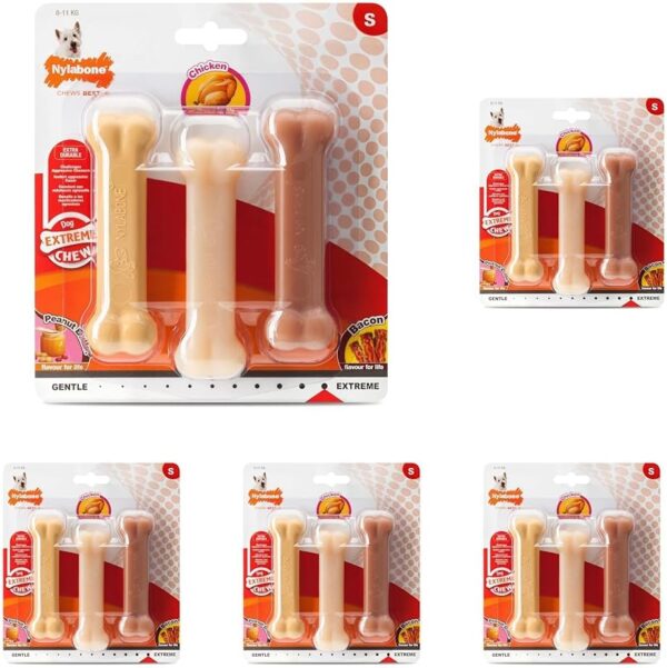 Nylabone Extreme Tough Dog Chew Toy Bones, Peanut Butter, Chicken, Bacon Flavoured, 3-Piece, Small, For Dogs Up To 11 kg (Pack of 5)