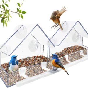 WLLKOO Window Bird Feeder 2 Pack, Bird House for Outside with 4 Rod, Small Acrylic Window Bird Feeder with Strong Suction Cups and Drain Holes 5.9 * 2.4 * 5.9 in