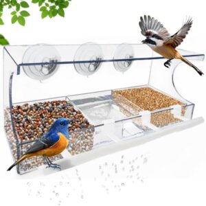 Window Bird Feeder, Bird House for Outside with 4 Rod, Acrylic Window Bird Feeder with Strong Suction Cups and Drain Holes