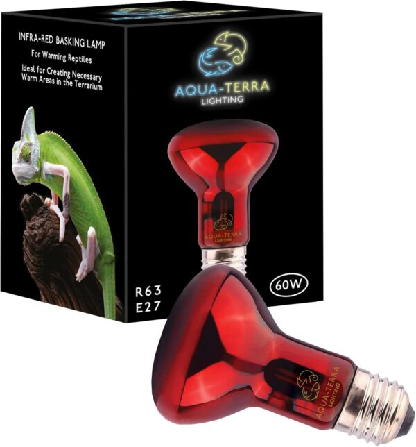 Aqua-Terra Lighting 60w Infrared Basking Heat Lamp for Reptiles, Amphibians and Invertebrates– R63 spotlight bulb with E27 standard Screw Base suitable for vivarium heating