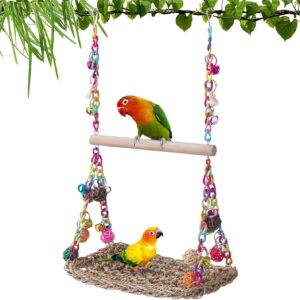 TeTupGa Bird Swing Toys with Wood Perch, Seagrass Woven Parrot Platform Bird Climbing Hanging Hammock Bird Perch Stand Chewing Toy for Parakeets,Budgie, Conure, Cockatiel,Lovebird