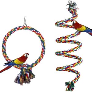 Aedcbaide Bird Parrots Toys, 2 Pack Parakeet Parrot Swing Chewing Hanging Toys with Bell, 59inch Bird Cotton Rope and 7Inch Diameter Bird Hanging Swing for Budgie, Cockatiels, Conures, Finches