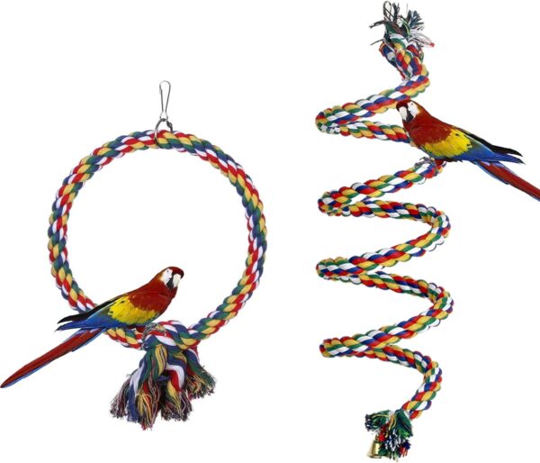 Aedcbaide Bird Parrots Toys, 2 Pack Parakeet Parrot Swing Chewing Hanging Toys with Bell, 59inch Bird Cotton Rope and 7Inch Diameter Bird Hanging Swing for Budgie, Cockatiels, Conures, Finches