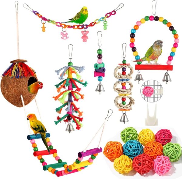 Parakeet Toys Bird Parrot Toys Colorful Swing Chewing Hanging Toys with Bells Climbing Ladder Coconut Bird Cage Toys for Small Cockatiels,Conures,Finches,Budgie,Macaws,Love Birds