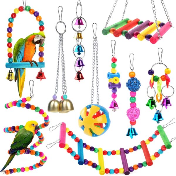 Newthinking Bird Parrot Toys Set, 10 Pack Budgie Toys Swings Hammock Stand Hanging Bell Bird Cage Toys and Accessories for Cockatiels, Small Parakeets, Love Birds, Finches