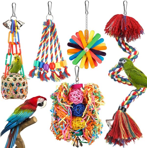 Bird Toys Bird Rope Perch with Bell Colorful Bird Chewing Shredding Foraging Toys Parakeet Toy Parrot Swing Climbing Standing Hanging Toys Bird Cage Accessories for Conure Cockatiel Budgies Lovebird