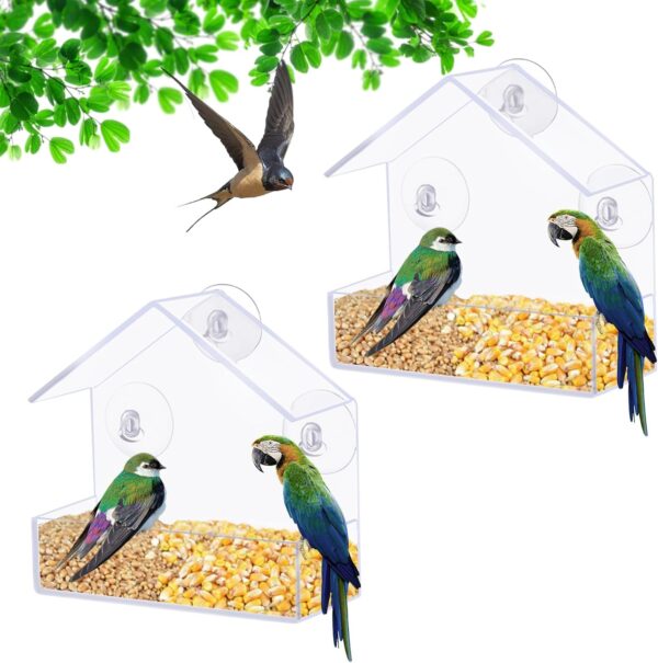 2 Pack Window Bird Feeder, Bird House for Outside with Strong Suction Cups, Acrylic Bird Feeder House for Outdoor for Feeding Small Birds, Small Wall Mounted Bird Feeders for Birds Only