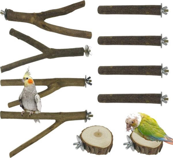 Allazone 10 PCS Natural Wood Bird Perch Stand, Bird Parrot Perch Stand Set, Wooden Parrot Perch Stand Perch Platform Cage Accessories for Parrotlets Cockatiels Budgies Parakeets