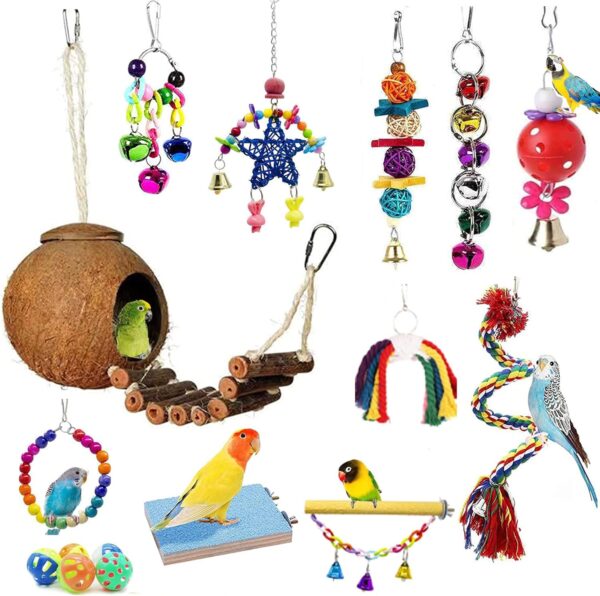 BIPY 16 PCS Bird Parrot Toys Hanging Bells Ball Swing Natural Coconut Birds Cage with Ladder Toy Pet Birds Stand Chewing Perches Wooden Toys for Parrots Parakeets Budgie Cockatiels Macaws