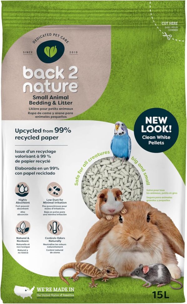 Back 2 Nature® Small Animal Bedding & Litter – Upcycled from 99% Recycled Paper | Highly Absorbent & Long Lasting Odor Control | Natural and Nontoxic | Low Dust | Easy-to-Maintain | 15L Bag