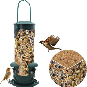 Bird Feeder for Outside Plastic Tube Bird Seed Feeder With 3 Compartments and Ports for Variety of Seed Weatherproof and Waterproof Great for Attracting Wild Birds - Green