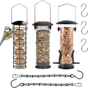 Bird Feeders Hanging,Wild Birds Feeders Mesh Feeding Stations with Steel Hooks Hangers, Metal Bird Feeder for Garden, Hanging bird feeder set + BONUS 3pcs Hooks and 2pcs Hanging Chain（Set of 8）