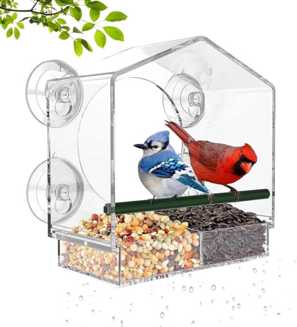 Bird Feeders, Window Bird Feeder Comes With 4 Strong Suction Cups And Removable Seed Tray, Squirrel Proof Bird Feeders, Acrylic Clear Bird Feeder Is A Garden Gift For Older Grandparents