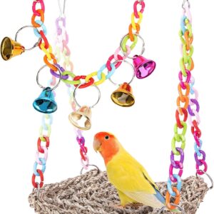 Bird Toys, Seagrass Oven Climbing Hammock Swing, Swing Colorful Bells Bird Hanging Toy Suitable for African Grey Parrots, Amazon Parrots, Lovebirds and Other Small and Medium-Sized Birds.