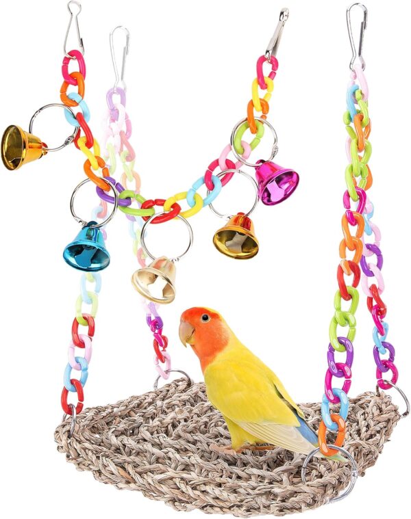 Bird Toys, Seagrass Oven Climbing Hammock Swing, Swing Colorful Bells Bird Hanging Toy Suitable for African Grey Parrots, Amazon Parrots, Lovebirds and Other Small and Medium-Sized Birds.