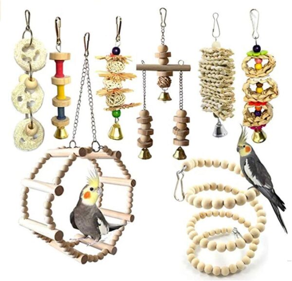 Chikanb 8 Pcs Bird Pet Cage Toys, Natural Wood Ladder Beaded Hanging Bell Swing Chewing Climbing for Love Bird, Australian Parrot, Parakeet, Cockatiel, Conure, Finches, Budgie, Macaw, Small Birds