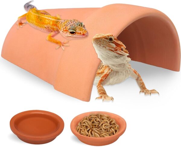 Dexspoeny 3Pcs Reptile Hide Cave and Reptile Food＆Water Bowls,Aquarium Habitat Hideouts,Terrarium Hides and Caves,Lizard Hiding Spot for Bearded Dragon Snakes Tortoise Aquarium