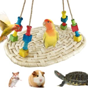 FlidRunest Bird Swing Toys, Natural Bird Corn Woven Swing Mat Parrot Climbing Hammock with Colorful Chewing Block Toys for Lovebird, Parakeet, Budgie, Conure, Cockatiel, Medium-Sized Bird