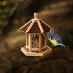 Garden Mile Wooden Gazebo Bird Feeder - Novelty Natural Hanging Park for the Garden Round Hexagonal Carousel Arbour Pergola Bird Feeding Station Wild Birds Garden Decor for Bird Seed Mix and Peanuts