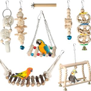 Joyan 8 PCS Bird Parrot Toys Swing Hanging, Bird Cage Accessories Toy Perch Ladder Chewing Toys Hammock for Conures, Love Birds, Small Parakeets, Cockatiels, Parrot