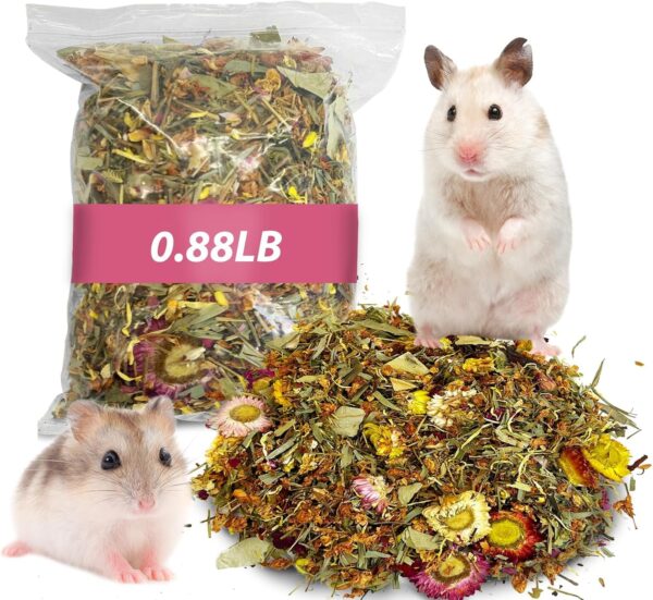 PINVNBY Hamster Bedding, Natural Dried Flower & Herb Litter, Small Pet Bedding Small Animal Bedding Mate of Hamster Bedding for Gerbils Mice Lemming Degus (Flower & Grass) (14, Ounces)