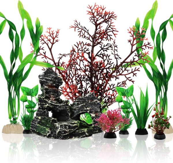 QUOZUO Fish Tank Decorations Plants with Resin Cave Rock View, 9pcs Aquarium Decorations Plants Plastic, Fish Tank Accessories, Fish Cave and Hideout Ornaments